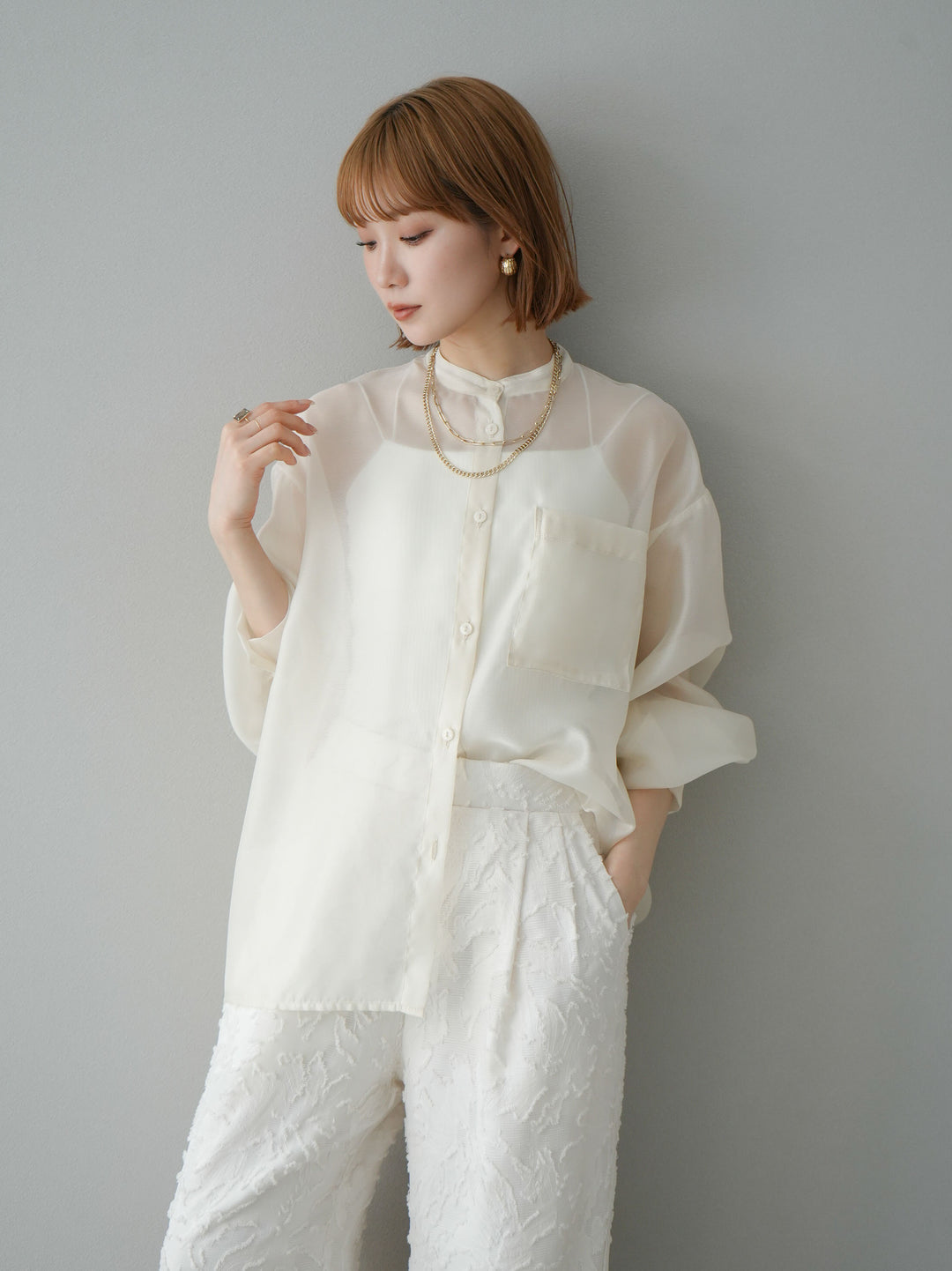 SET]シアーシャイニーボリュームスリーブシャツ+シアーシャイニー  