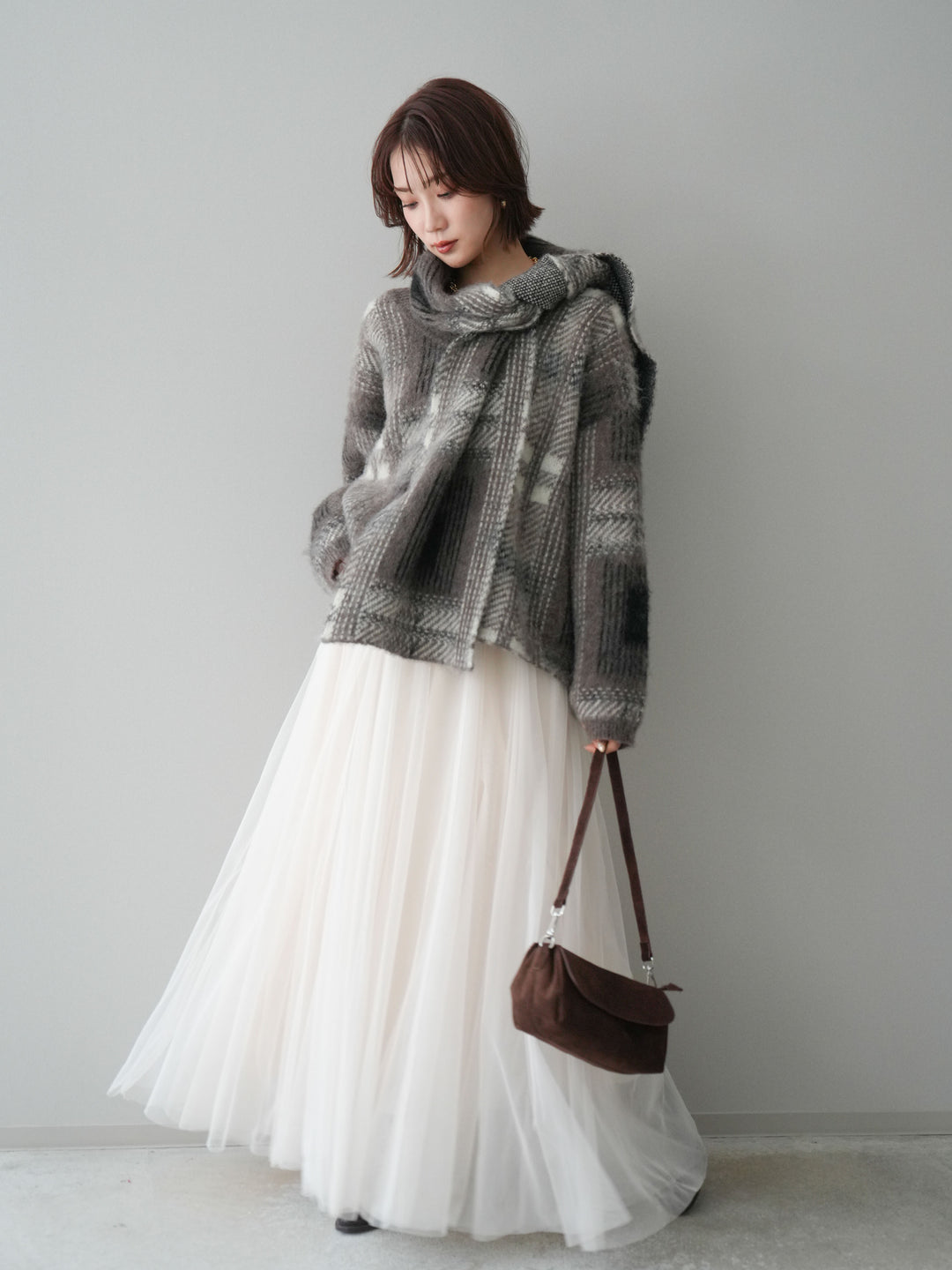 [SET]ストール付シャギーチェックニットプルオーバー+ストール付シャギーチェックニットプルオーバー(2set)