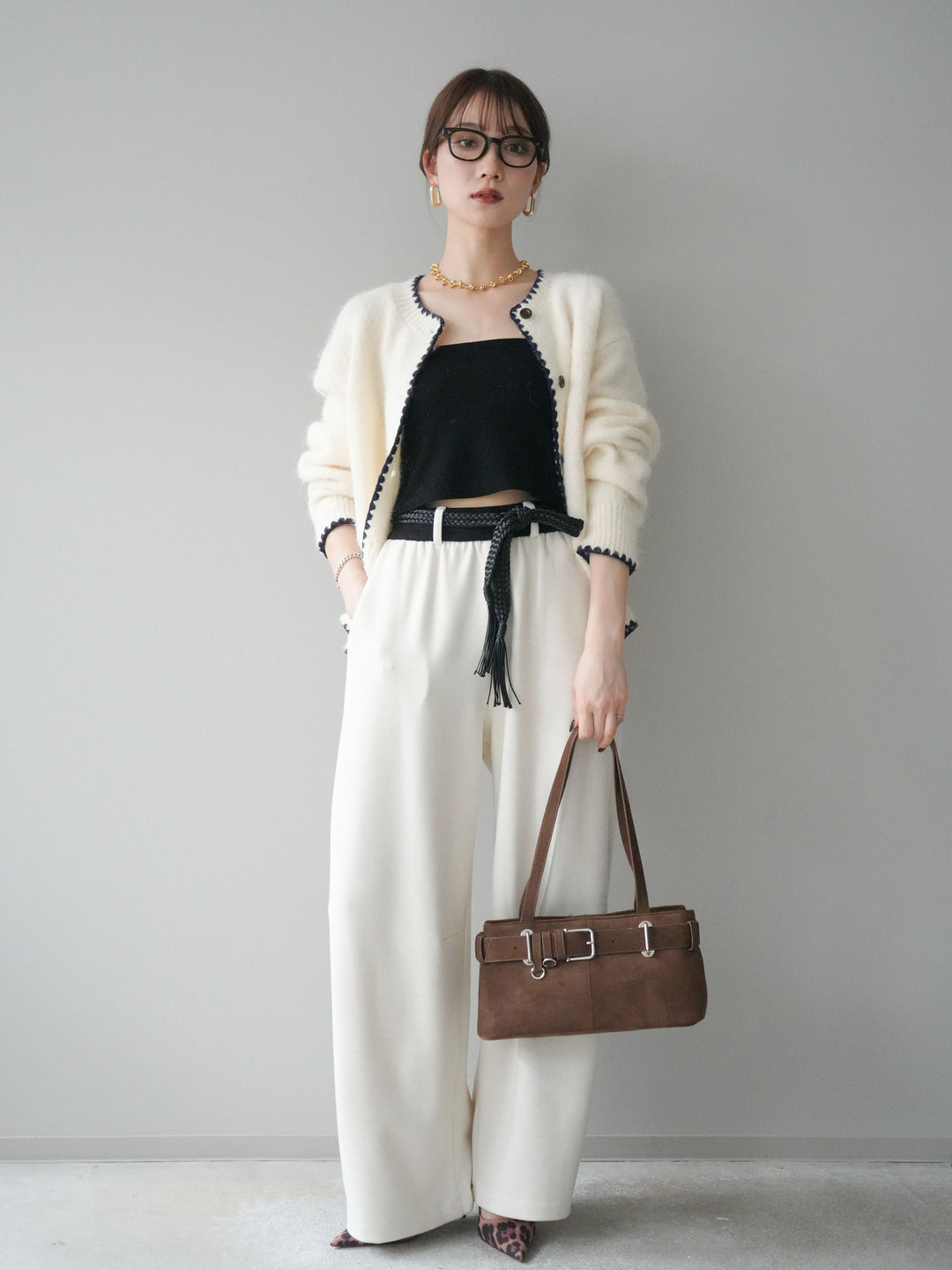 [SET]三角ステッチニットカーディガン+選べるアクセセット(2set)