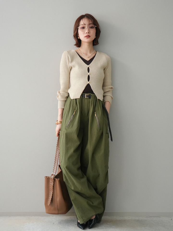 [予約]Vネック配色レイヤードスリットニットトップス/beige