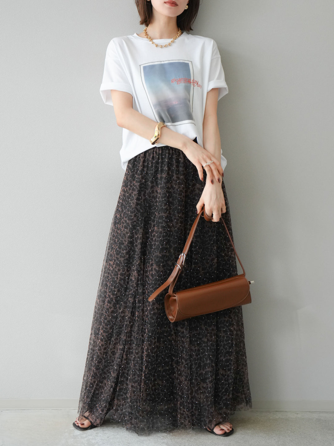 [5] 豹紋薄紗層疊百褶裙/摩卡色