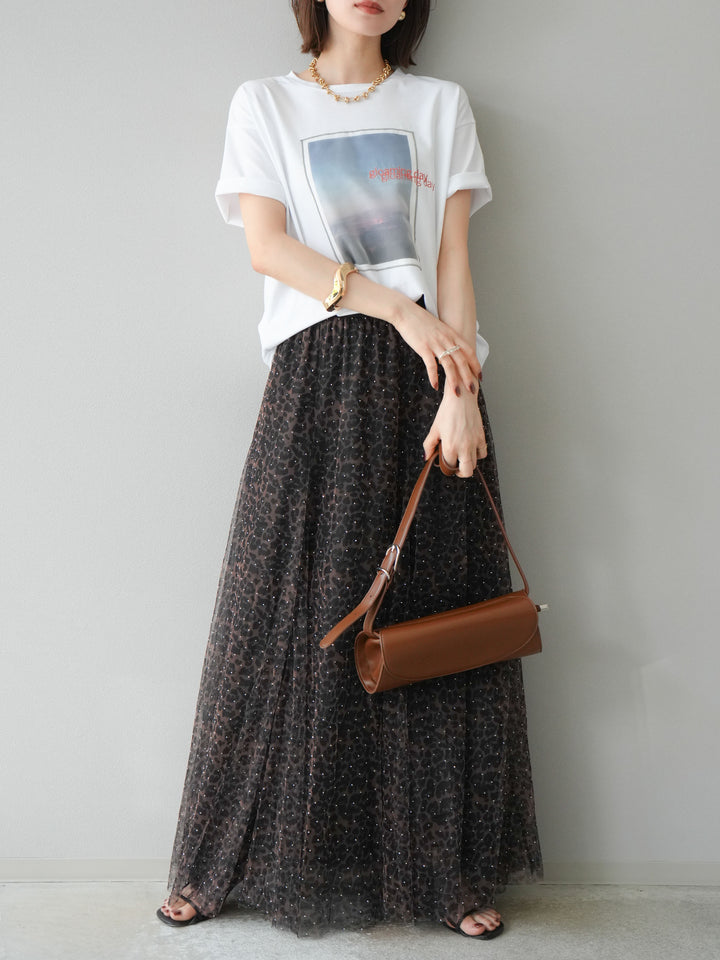 [5] 豹紋薄紗層疊百褶裙/摩卡色