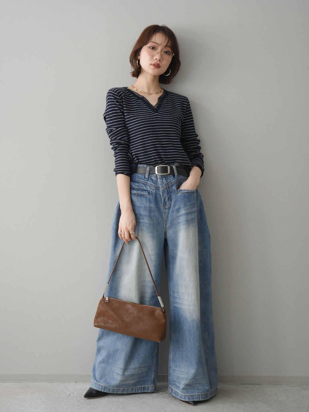 [SET]チュールレイヤードデザインボーダーニットトップス+選べるアクセセット(2set)