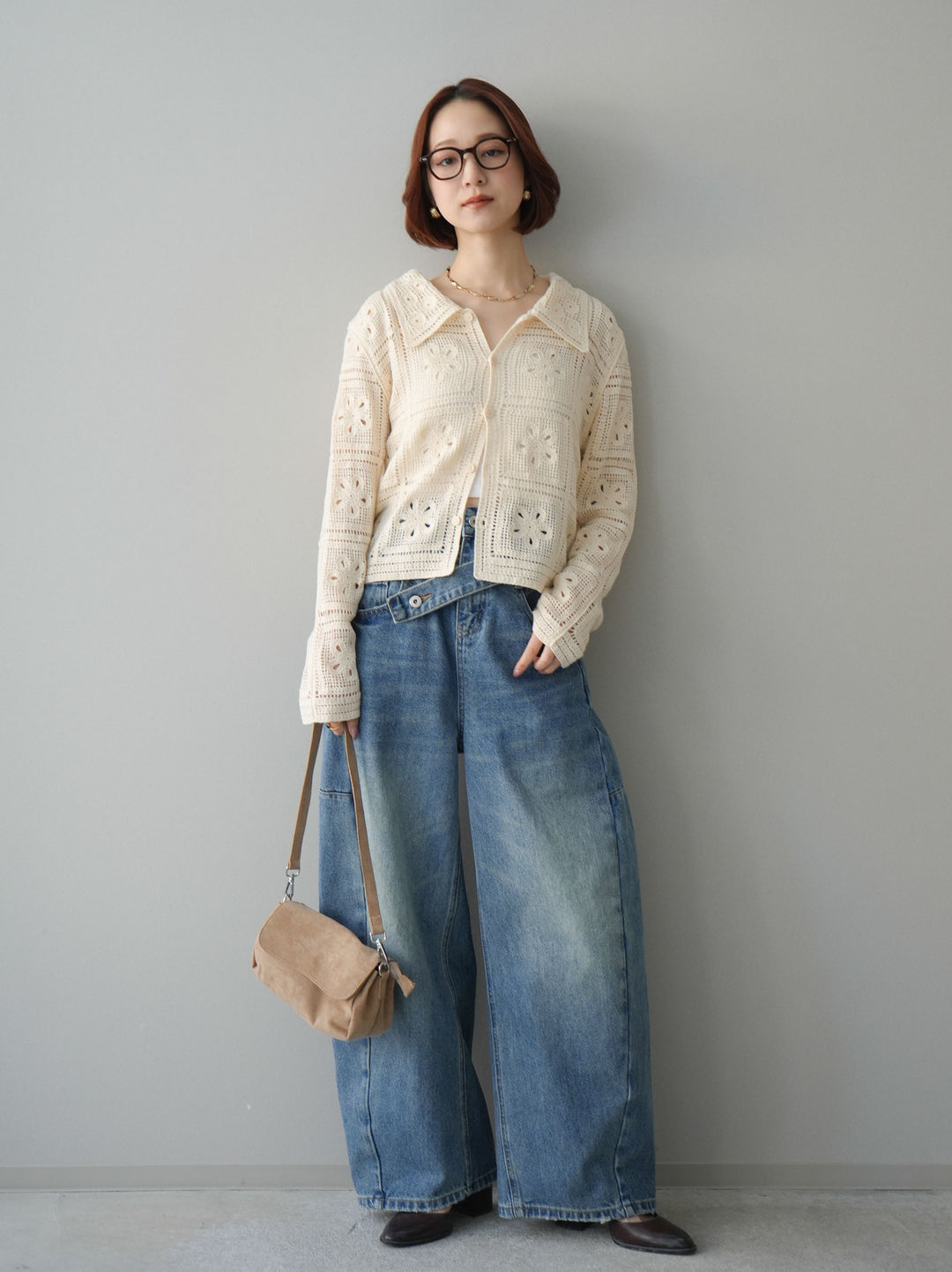 [SET]パッチワーククロシェニットカーディガン+アシメデザインワイドデニムパンツ(2set)