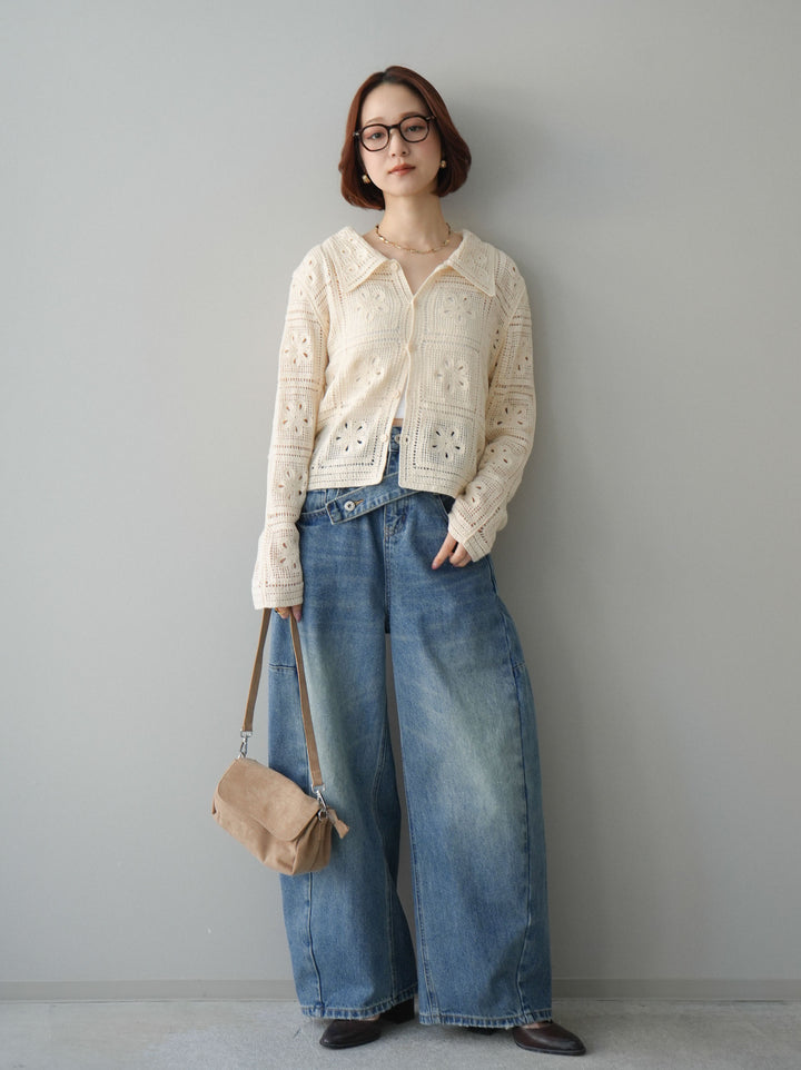 [SET]パッチワーククロシェニットカーディガン+アシメデザインワイドデニムパンツ(2set)