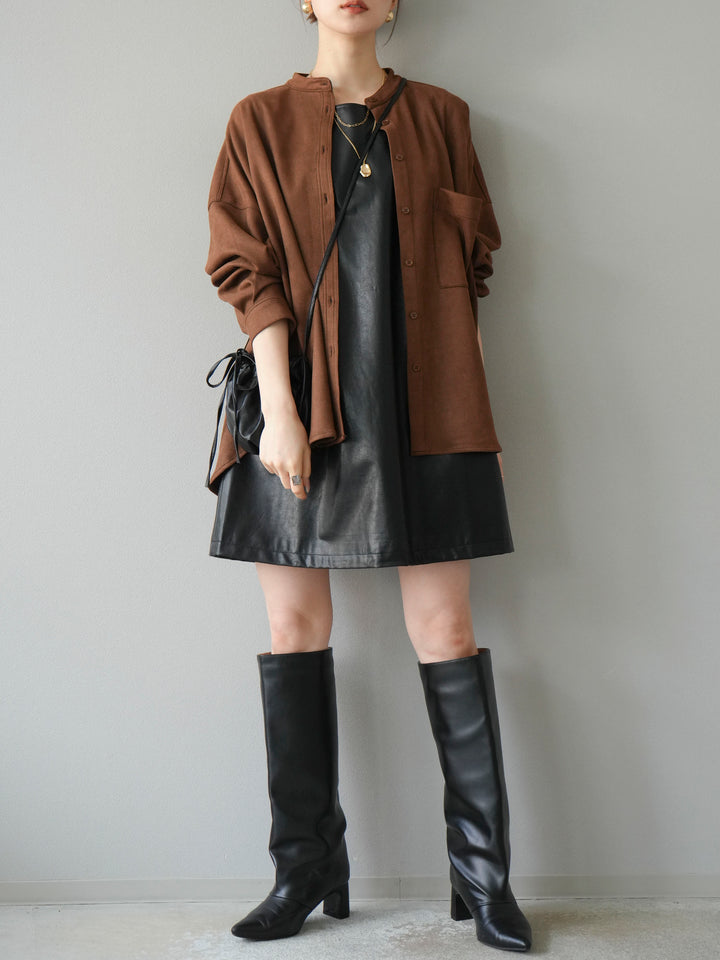 [SET] 麂皮立領外套襯衫 + 附單肩包皮革迷你連身裙（2 套）