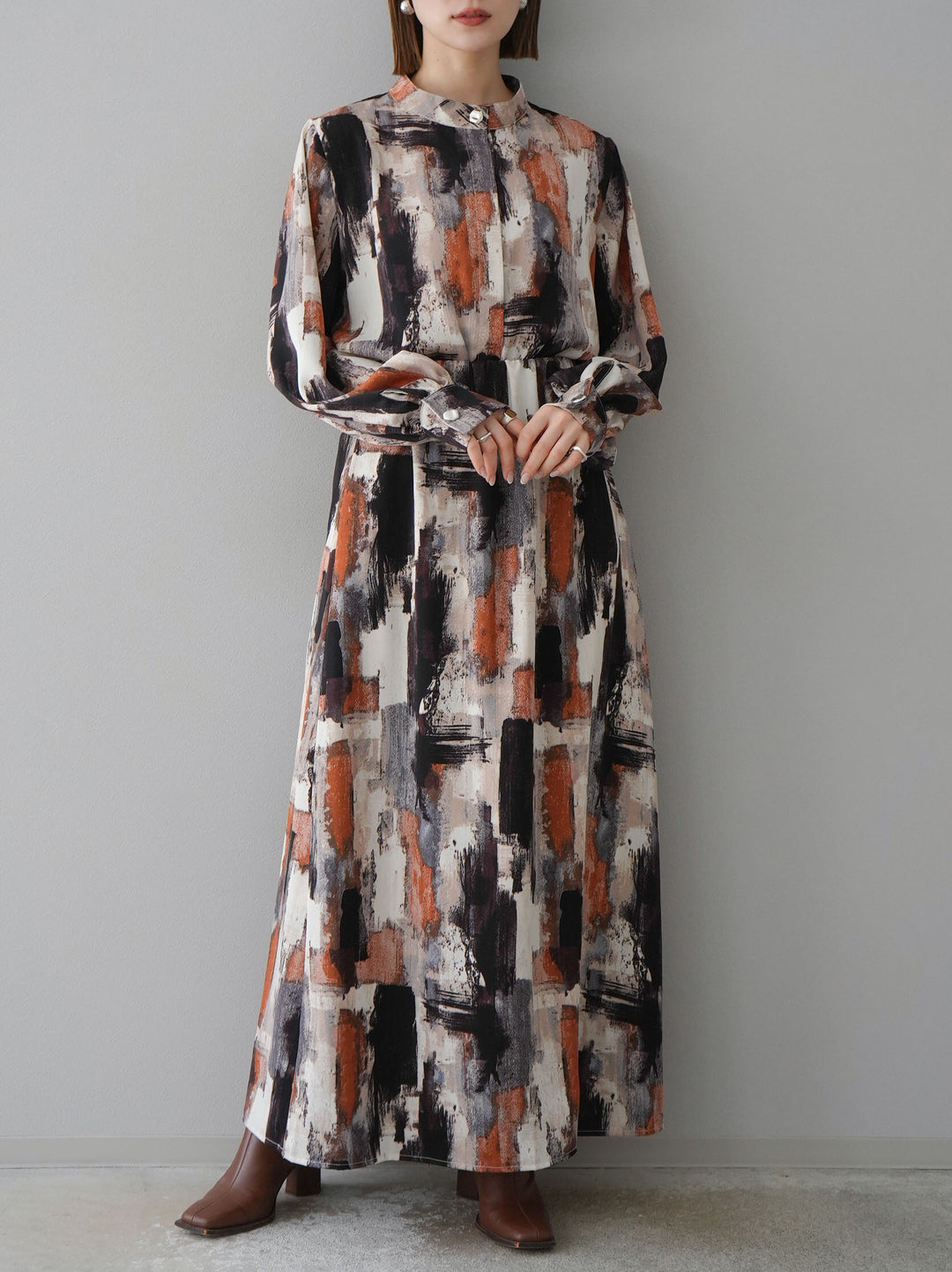 [予約]ペイント柄フレアロングスカート/ベージュ