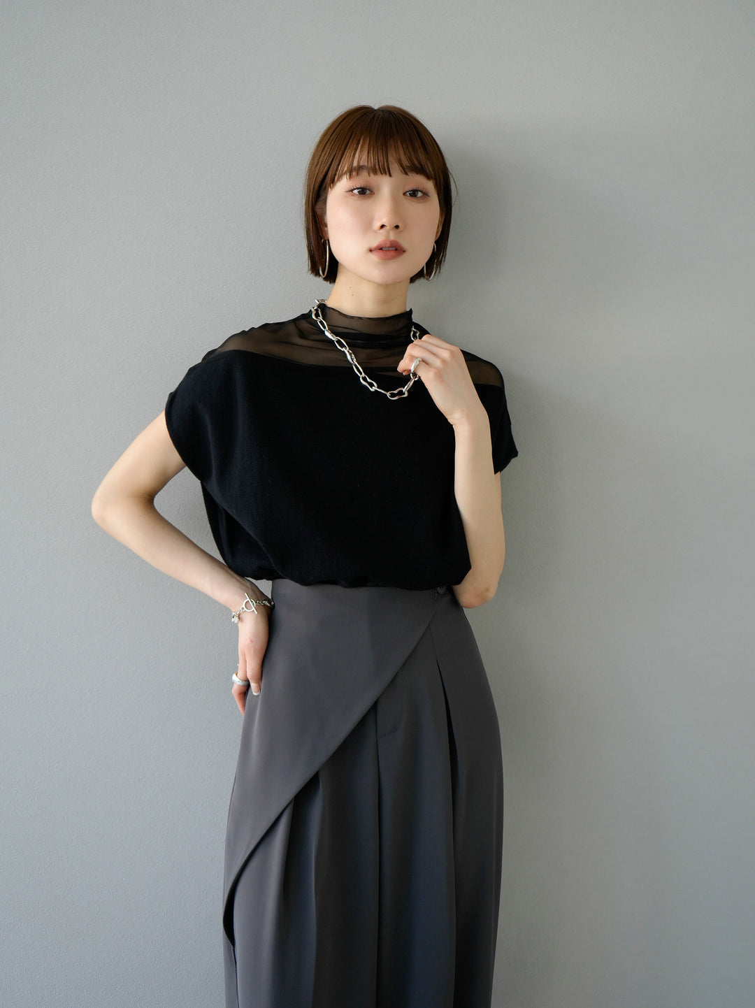 [SET] French sleeve sheer knit pullover + 3WAY MIX CHAIN ​​LONG NECKLACE (2set)