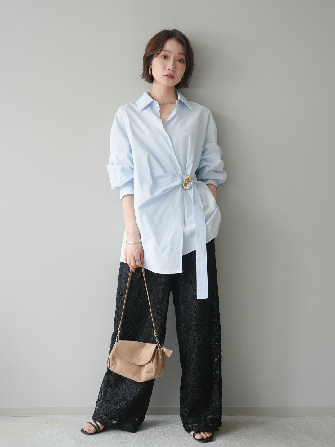 [SET]メタルパーツドレープシャツ+シアーコードレースイージーパンツ(2set)