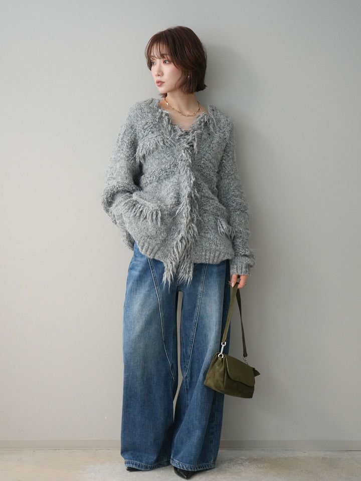[SET]ミックスヤーンフリンジデザインニットジャケット+裏起毛加工デニムカーブパンツ(2set)