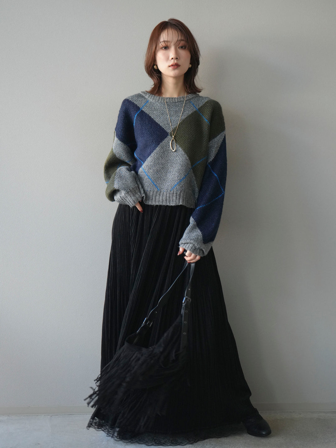 [予約]配色ステッチアーガイル柄ニットプルオーバー/gray