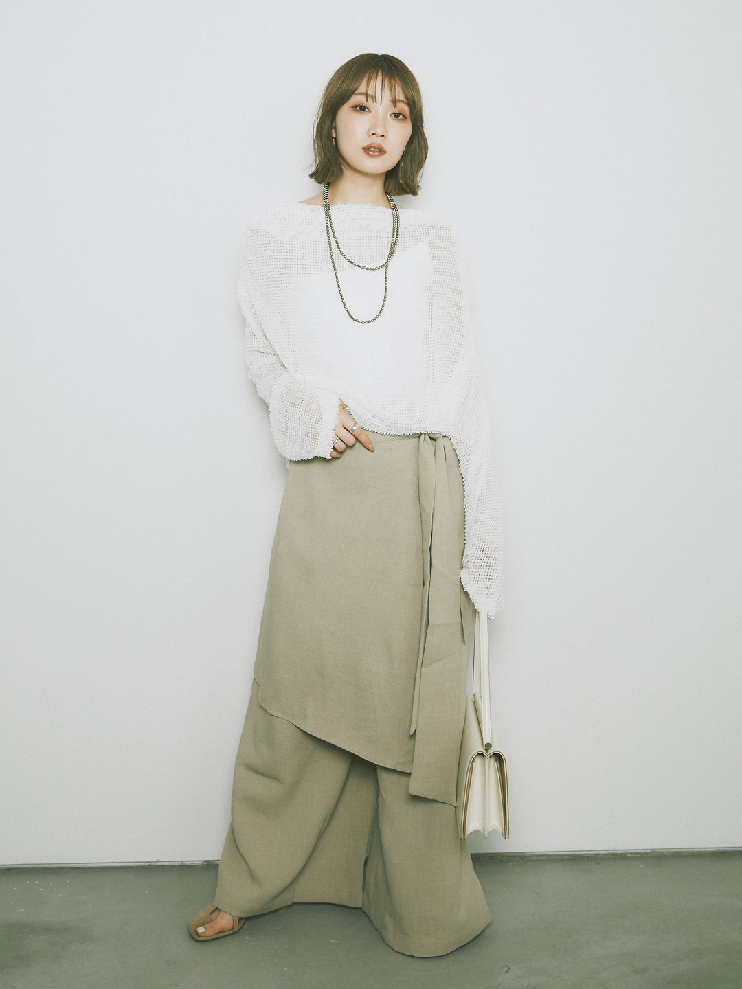 [SET] 後背垂墜網眼套頭衫+亞麻觸感裹身寬褲（2件套）