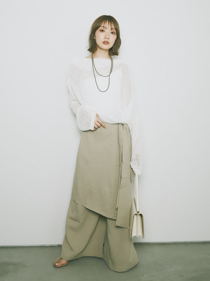 [SET] 後背垂墜網眼套頭衫+亞麻觸感裹身寬褲（2件套）