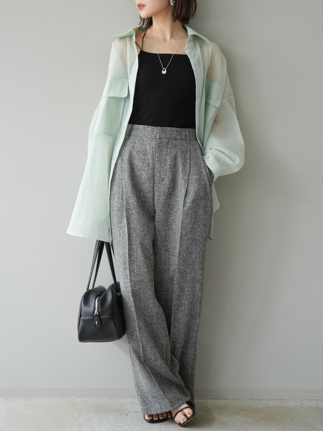 [預購] 混合粗花呢褶襉褲/黑色