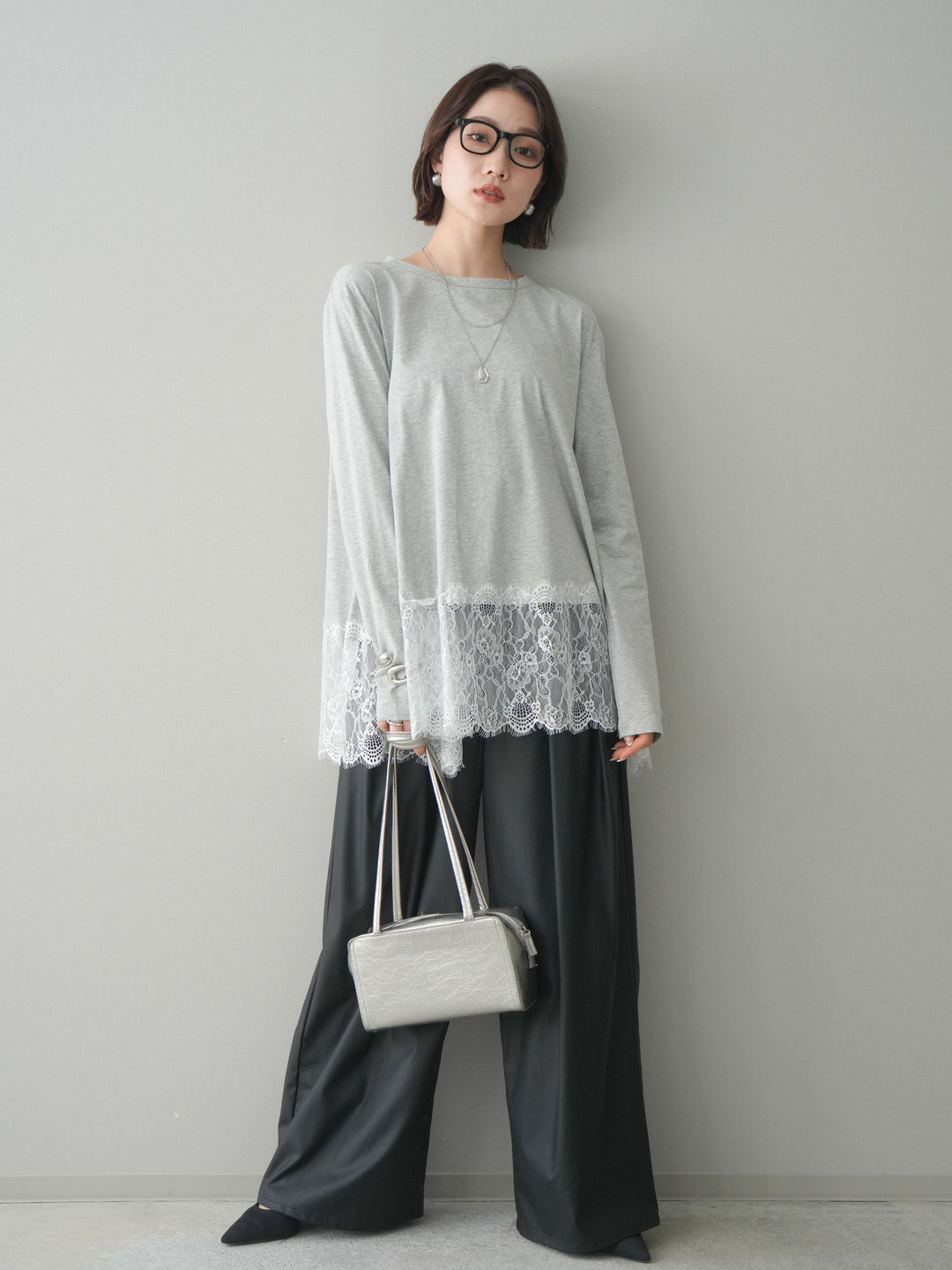 [SET]裾レースロングスリーブTシャツ+選べるアクセセット(2set)