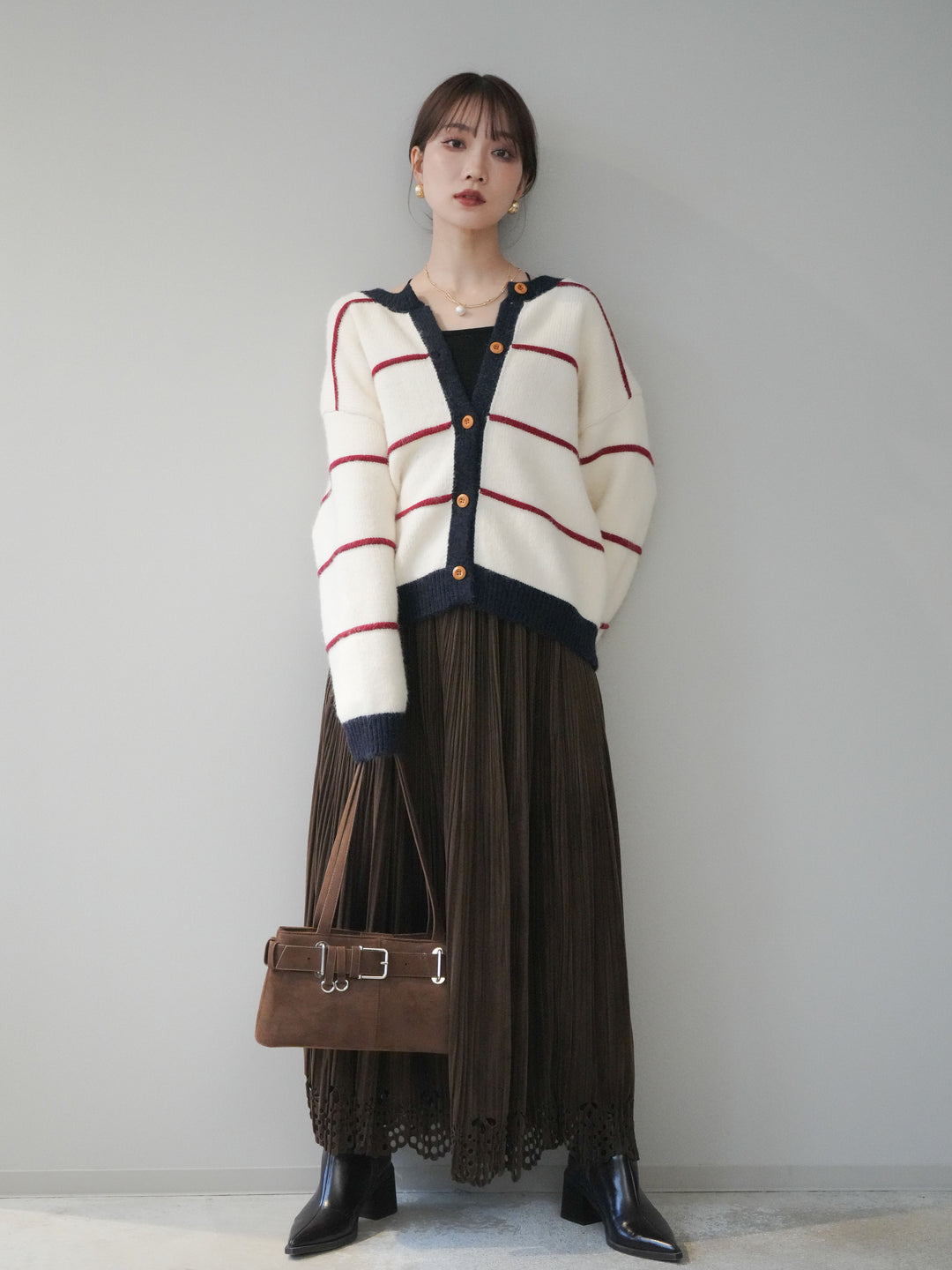 [予約]パンチングデザインスエードプリーツスカート/brown