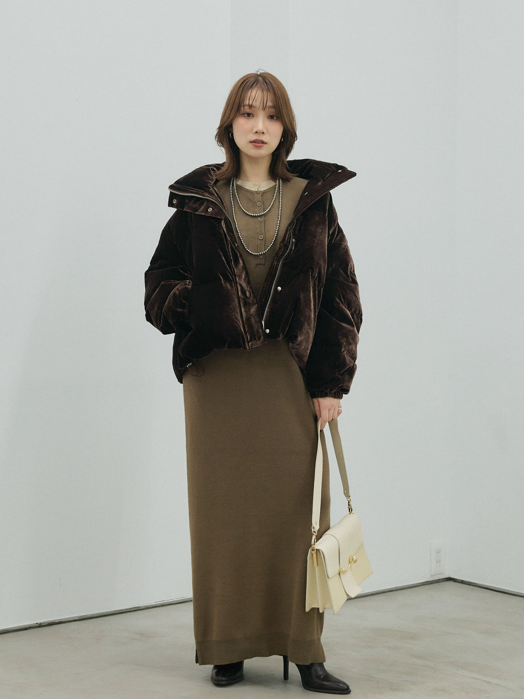 [予約]ヘンリーネックレイヤードニットワンピース/khaki