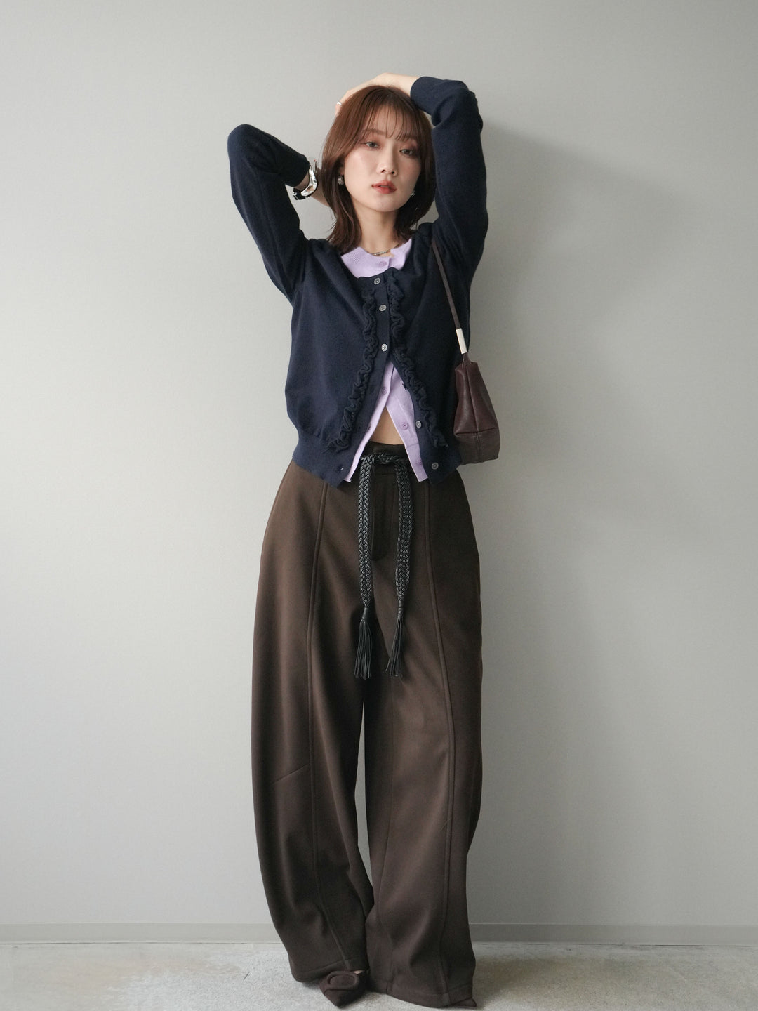 [予約]配色レイヤードフリルデザインニットカーディガン/black