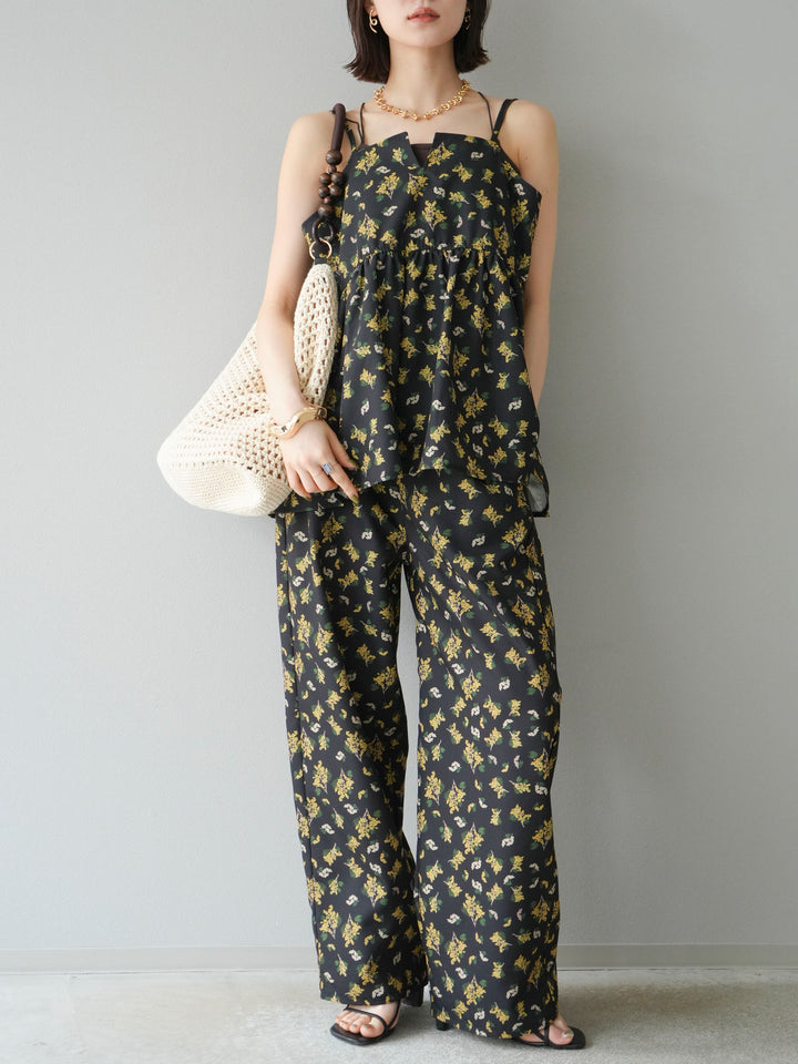 [予約]ブーケプリントタックパンツ/ブラック