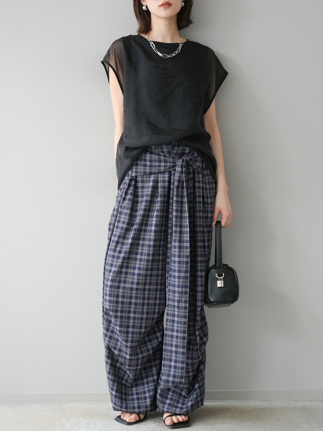 [予約]チェック柄ウエスト巻きドロストパンツ/ネイビー