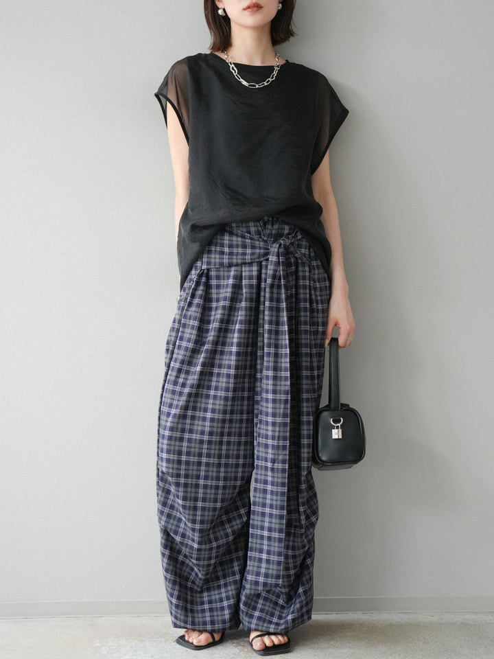 [予約]チェック柄ウエスト巻きドロストパンツ/ネイビー