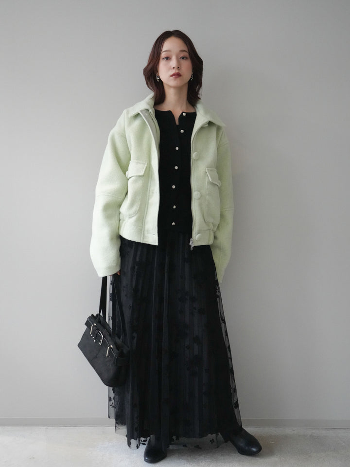 [SET]ウールライクフライトジャケット+フラワーフロッキーチュールプリーツスカート(2set)