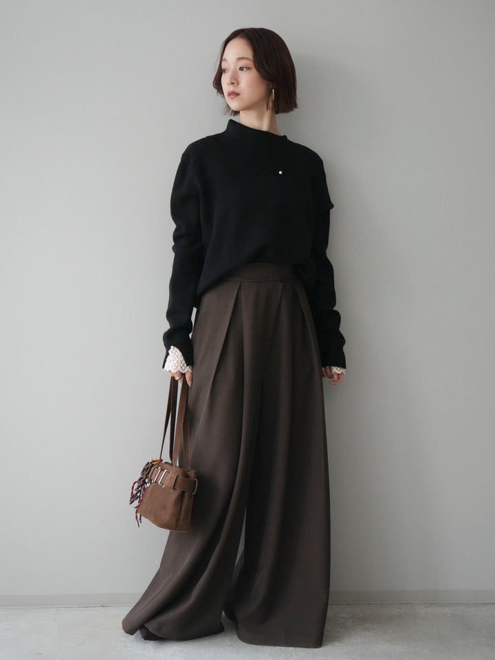 [SET]袖レースパール付き配色ニットトップス+テープベルトタックバギーパンツ(2set)