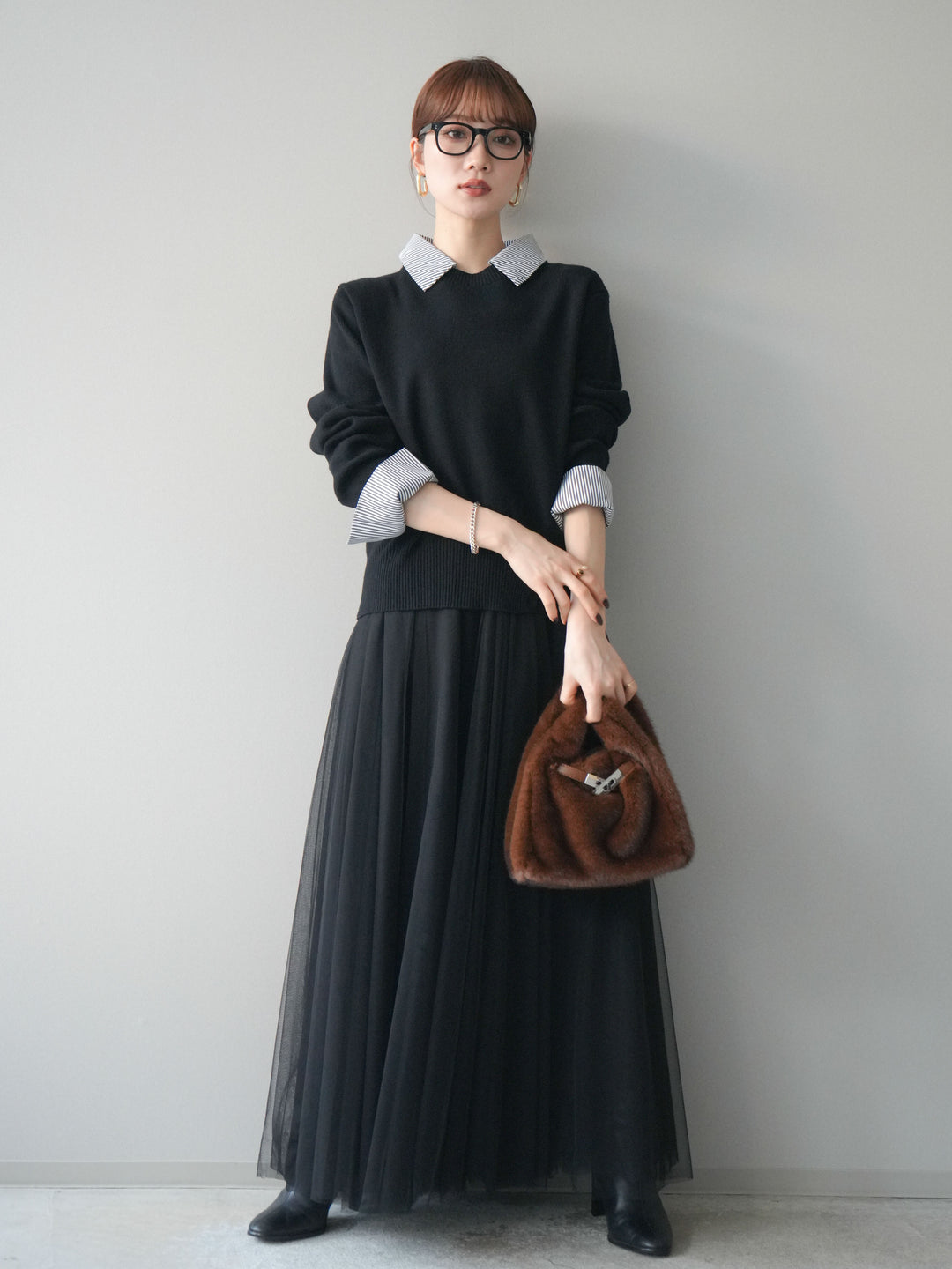 [SET]シャツドッキングデザイン裾ボタンニットプルオーバー+選べるアクセセット(2set)