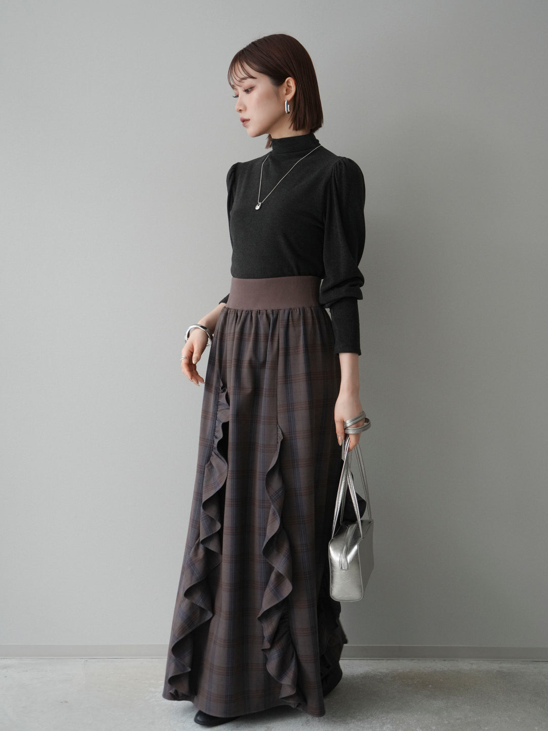 [SET]プチネックパワーショルダー起毛トップス+チェック柄フリルハイウエストマキシスカート(2set)
