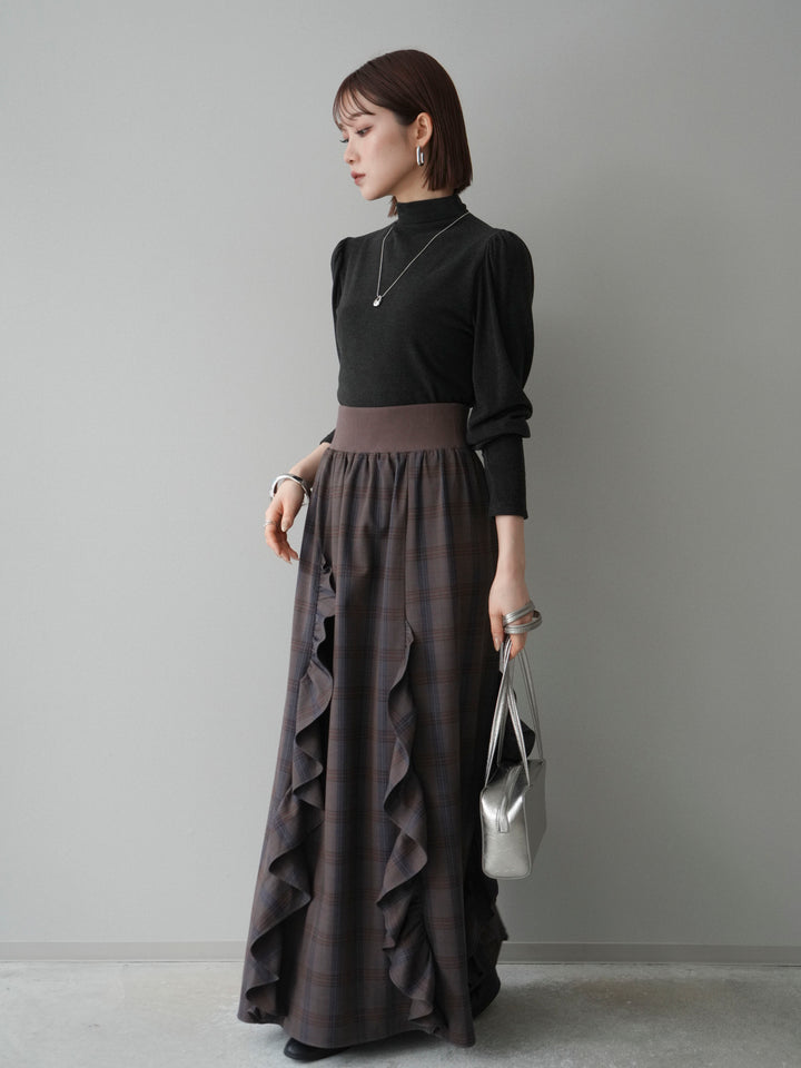 [SET]プチネックパワーショルダー起毛トップス+チェック柄フリルハイウエストマキシスカート(2set)