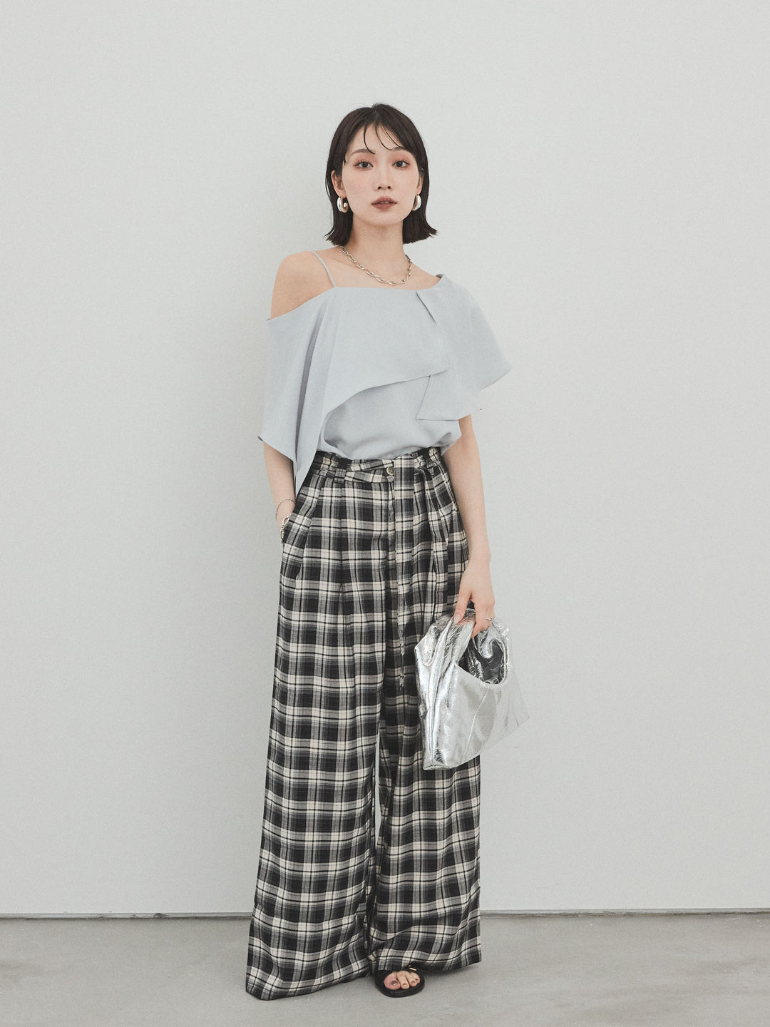【預購】格紋寬褲/黑色