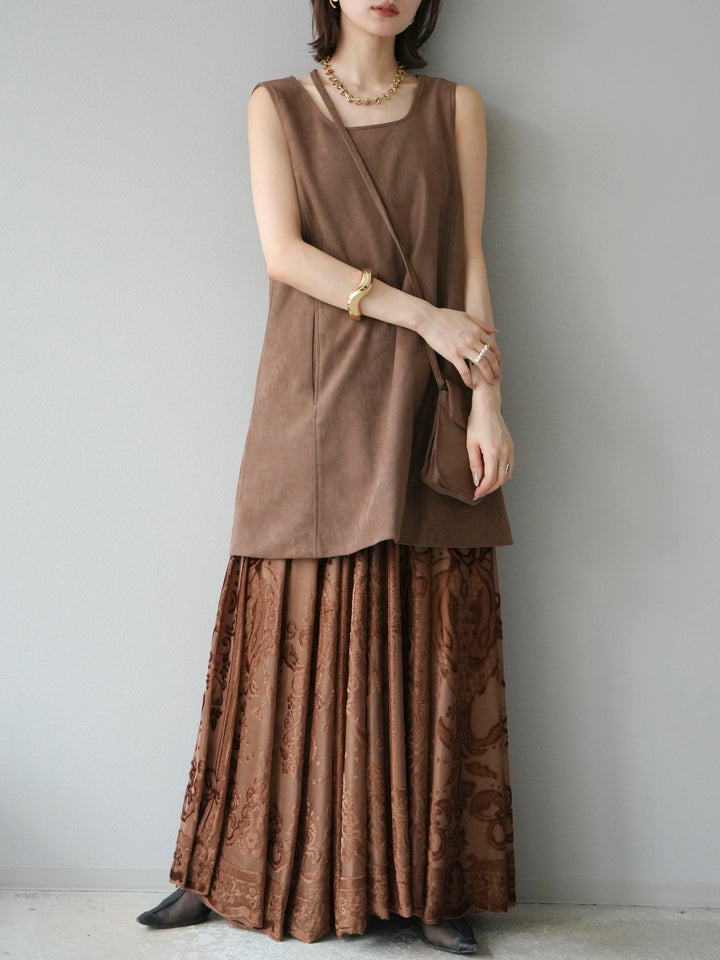 [予約]アンティーク柄フロッキーマキシスカート/ブラウン