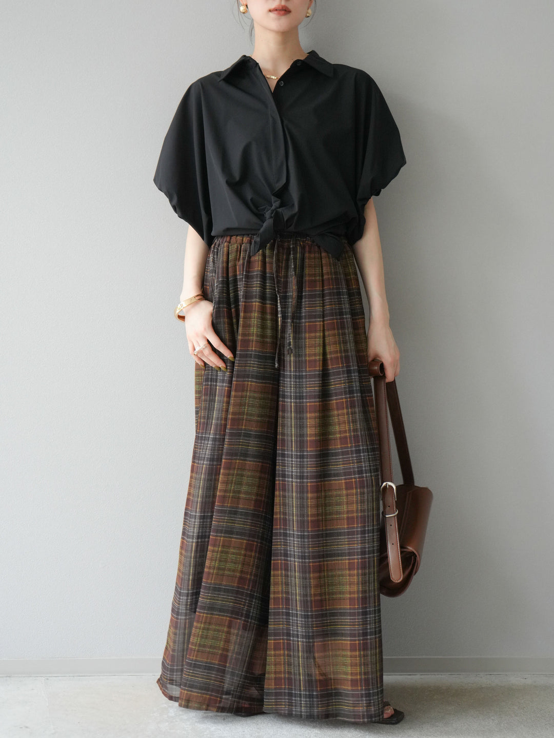 [預購] 透視格紋寬鬆褲/棕色