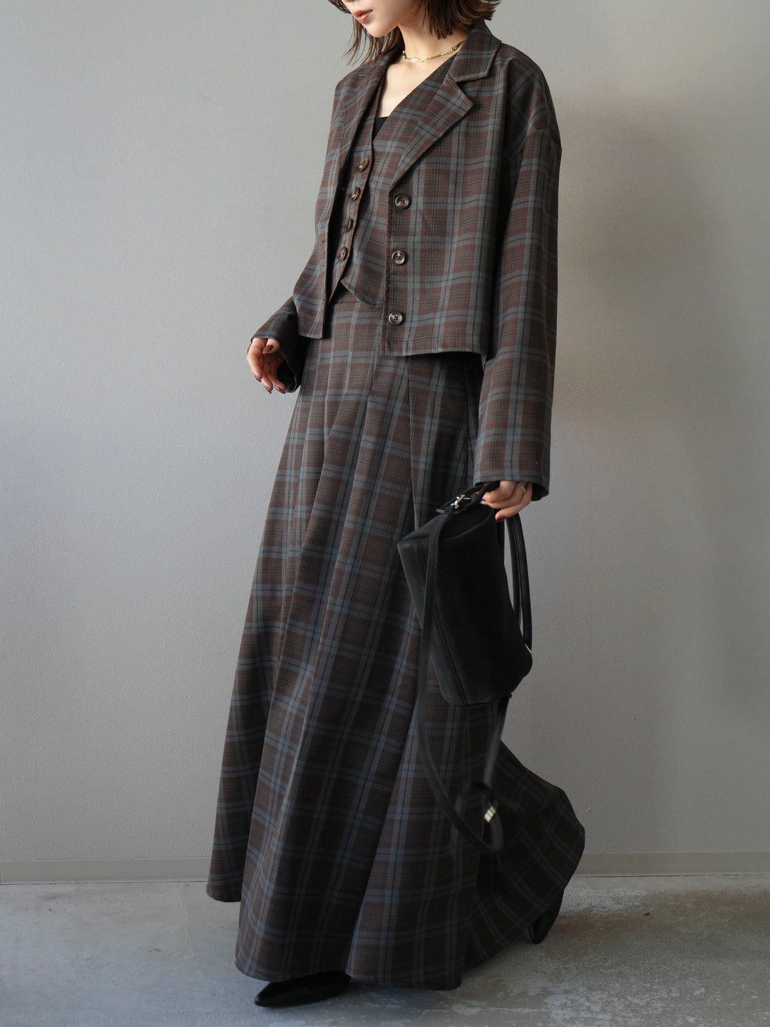 [SET]チェック柄ショートジャケット+チェック柄ベスト+チェック柄タックフレアスカート(3set)