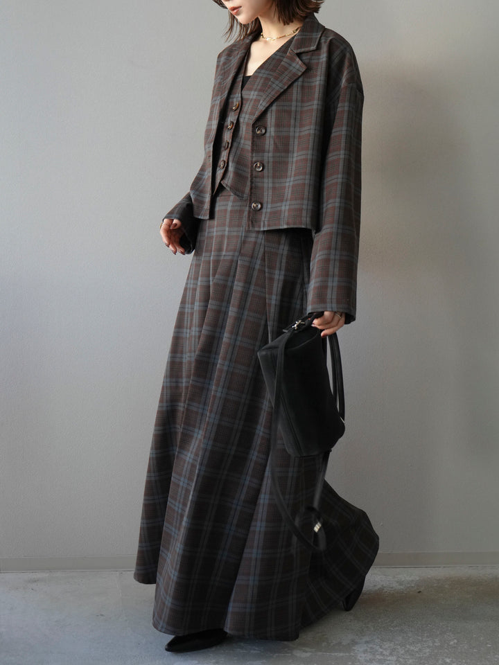 [SET]チェック柄ショートジャケット+チェック柄ベスト+チェック柄タックフレアスカート(3set)