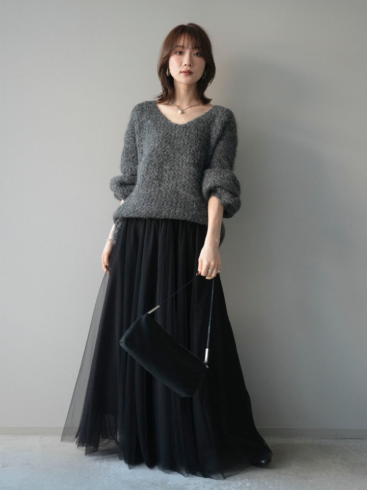 [SET]ウールタッチラメミックスヤーンVネックニットプルオーバー+チュールボリュームスカート(2set)