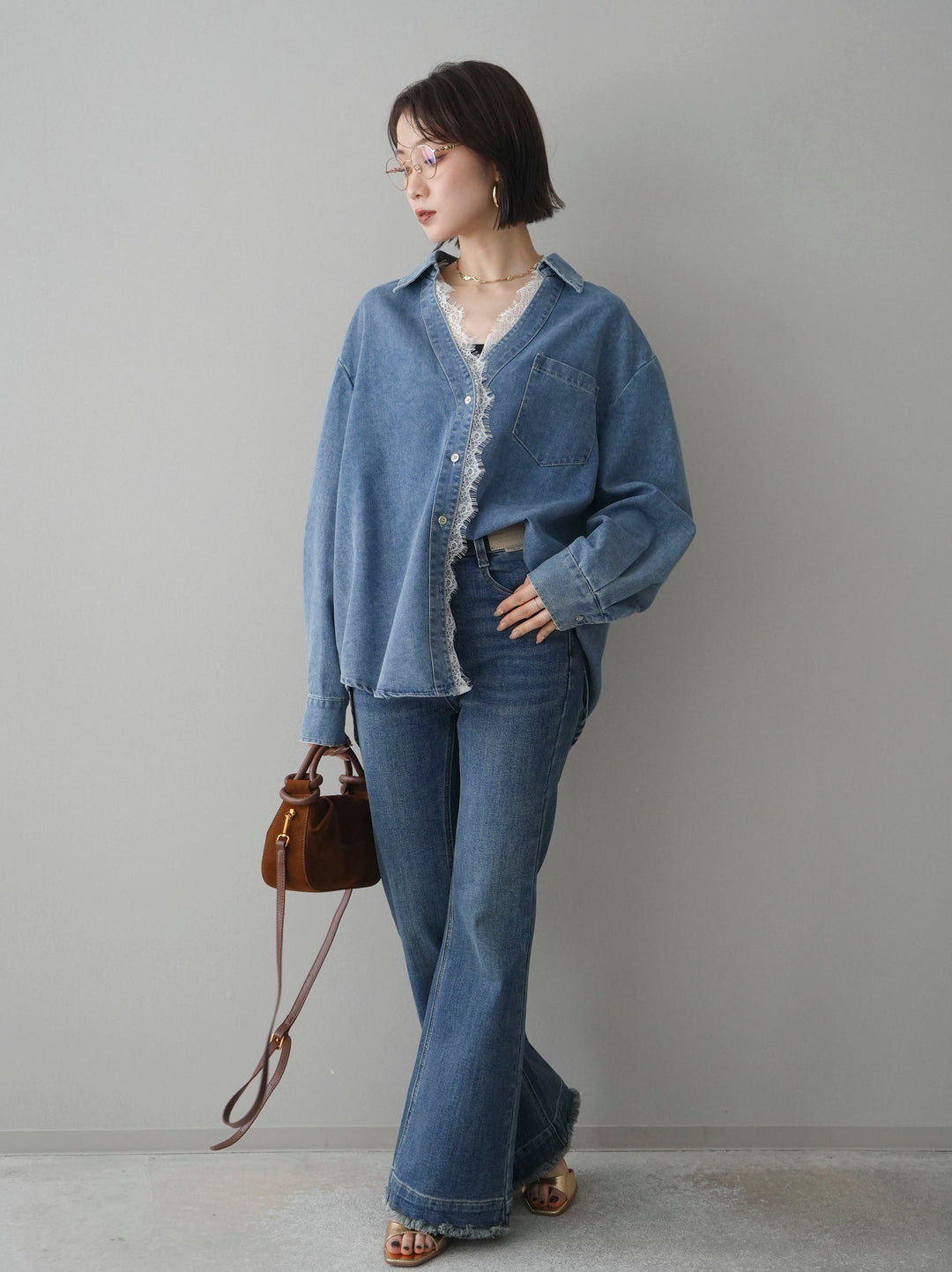 [SET]レースレイヤードデニム開襟シャツ+フリンジデザインセミフレアデニム(2set)