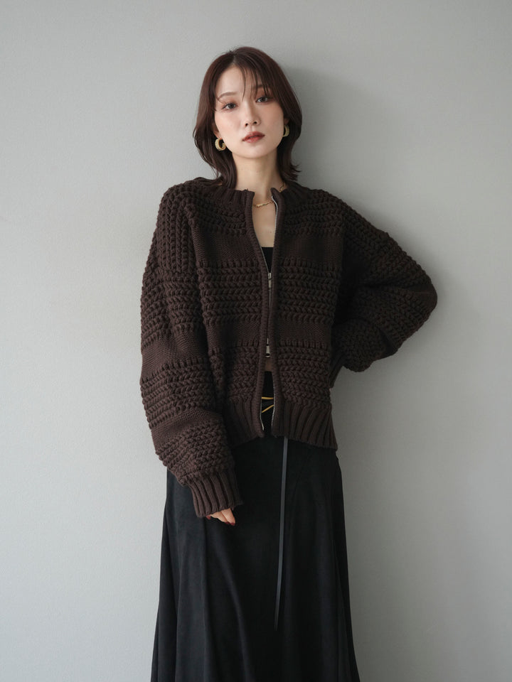 [予約]ケーブル編みZIPニットカーディガン/brown