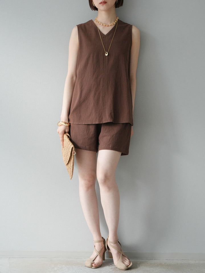 [套裝] 亞麻V領襯衫與短褲套裝（2套）