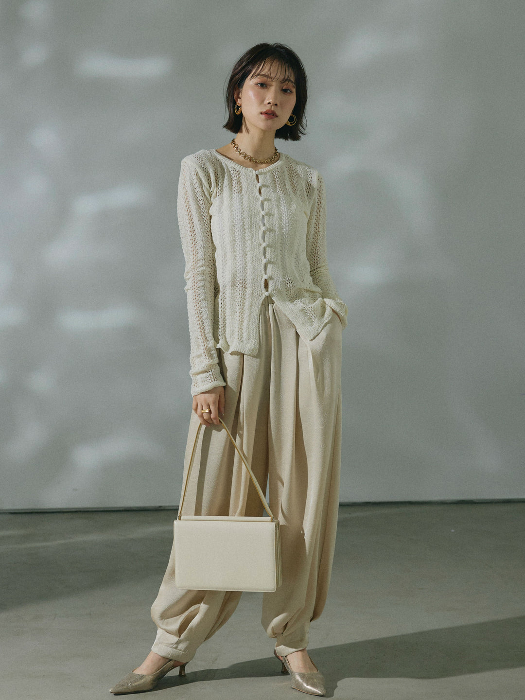 [予約]透かし編みニットカーディガントップス/ivory