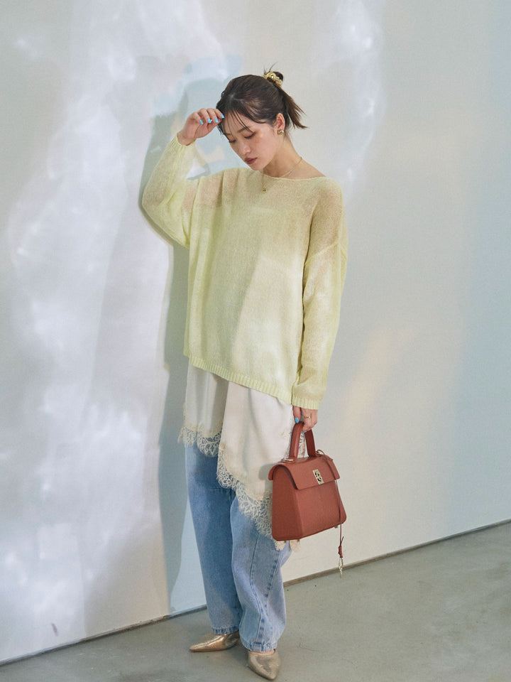 【Allure】[SET]モヘアタッチ透かし編みボートネックニットプルオーバー+アシメカーブデニムパンツ+アシンメトリーサテンレースキャミソール(3set)