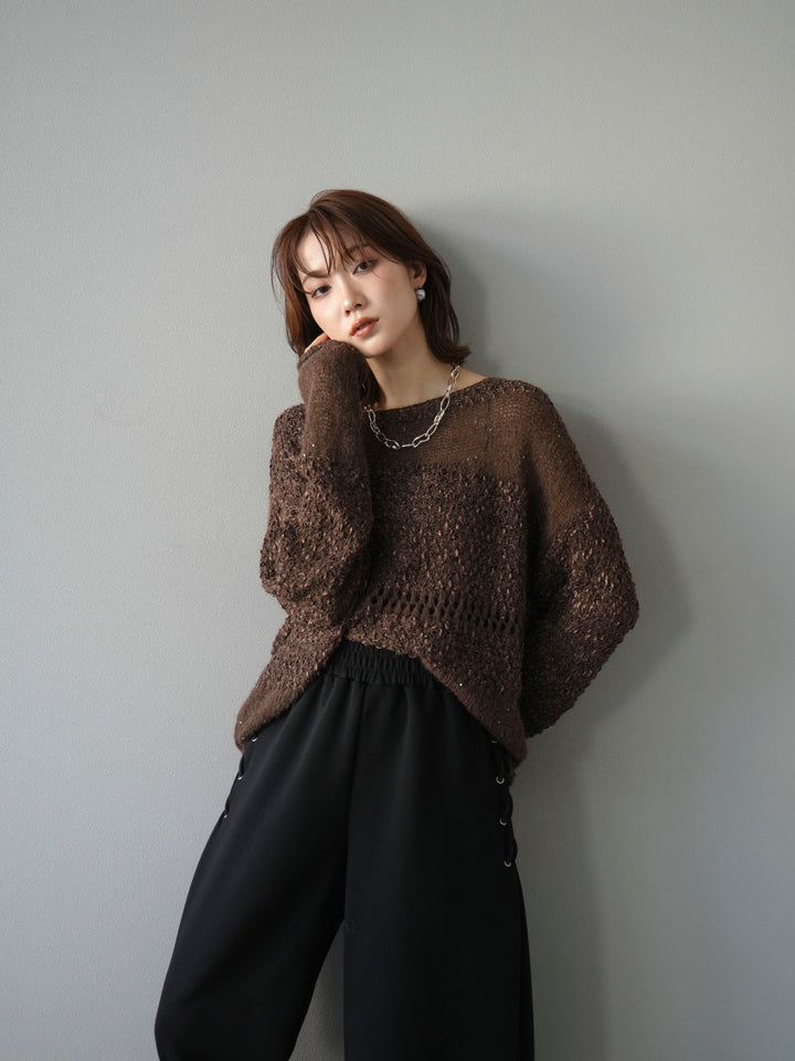 [予約]ミックスヤーンデザイン編みメッシュニットプルオーバー/ブラウン
