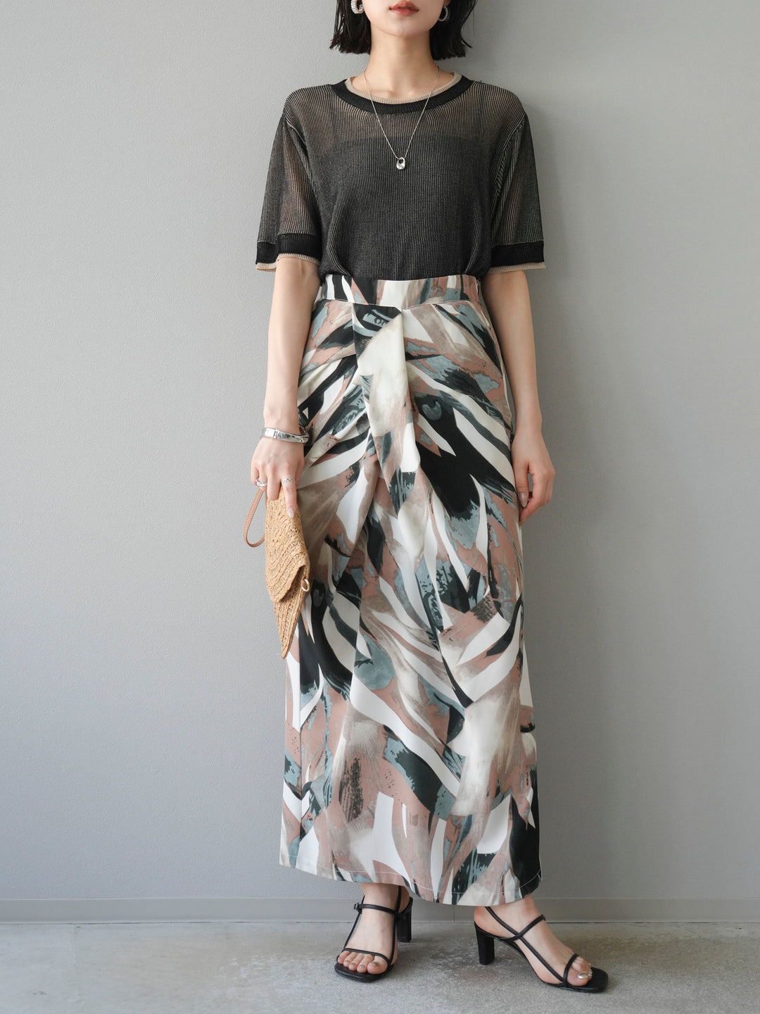 [SET]リネンタッチ配色二重臼ハーフニットトップス+選べるアソート柄スカートセット(2set)