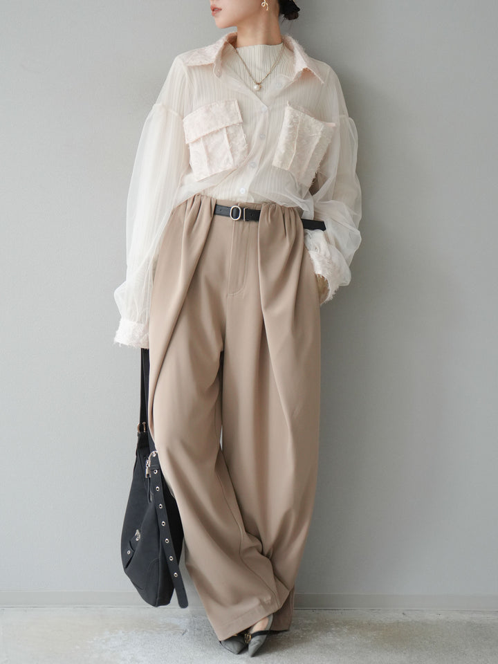 [SET]フリンジジャガード×チュールレイヤードシャツ+アームシャギーランダムリブニットトップス+ベルト付タックワイドパンツ(3set)