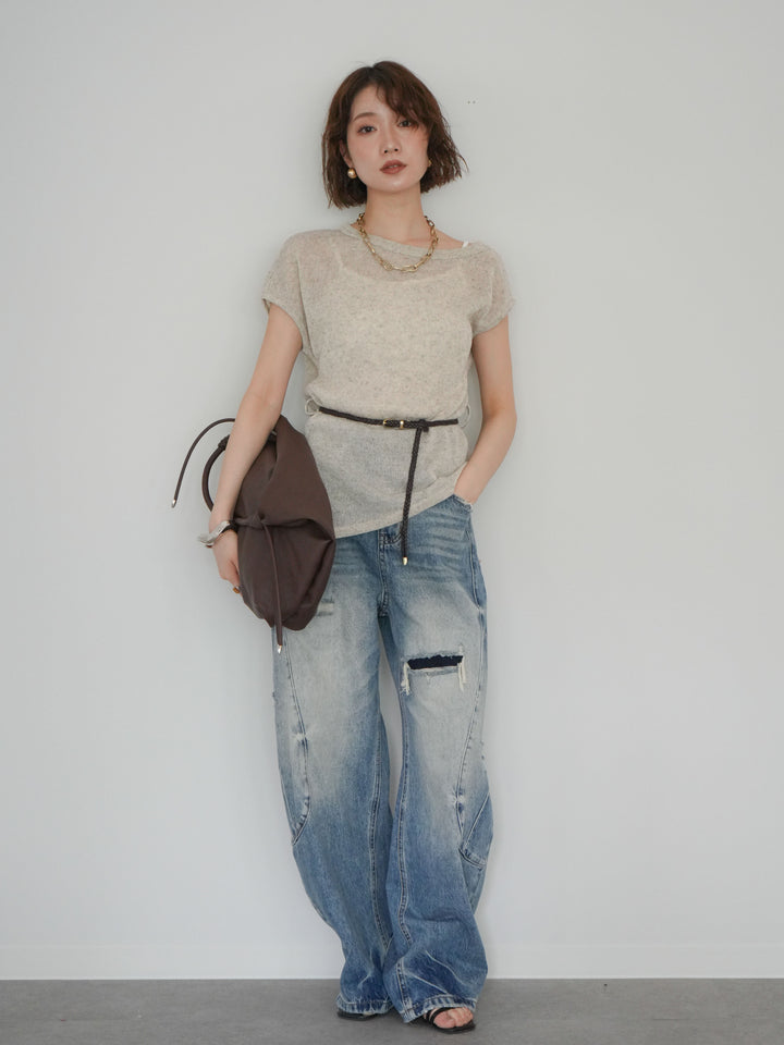 [予約]ベルト付アシメシアーニットトップス/beige