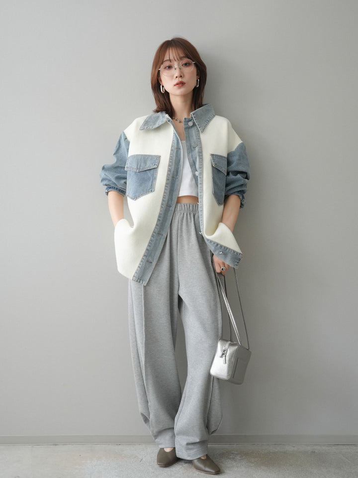 [SET]デニム襟ダブルフェイスニットカーディガン+2WAYデザインスウェットパンツ(2set)