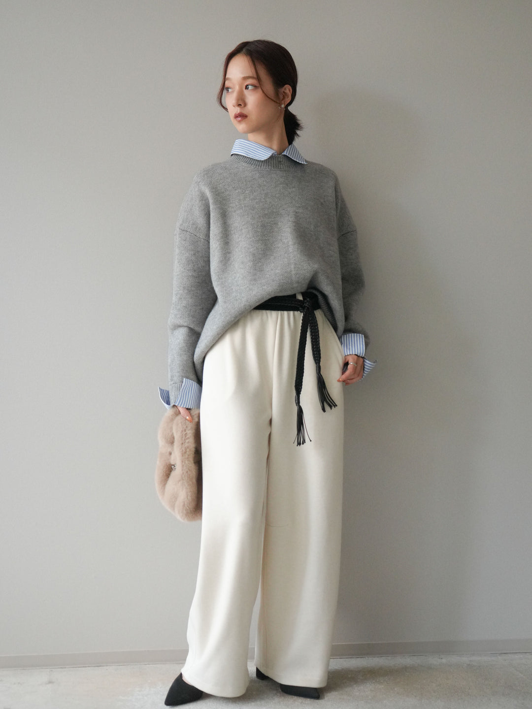 [SET]2WAYストライプ襟ニットプルオーバー+編み込みベルト付きウエスト配色スエットパンツ(2set)