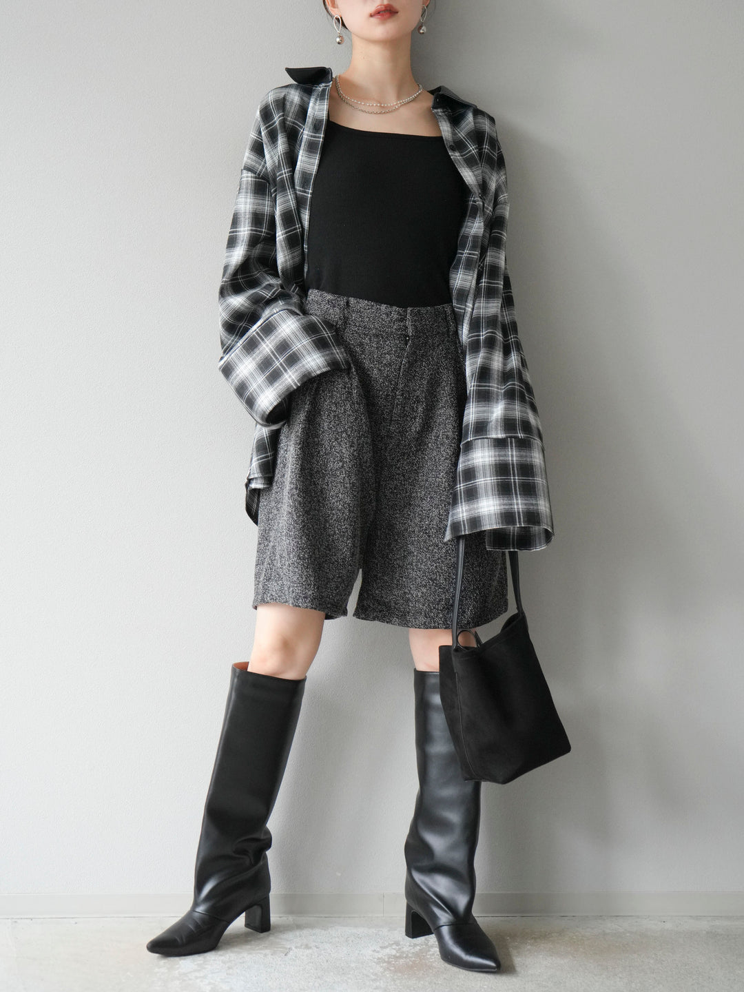 [SET]レザー襟オンブレチェックオーバーシャツ +ツイードハーフパンツ(2set)