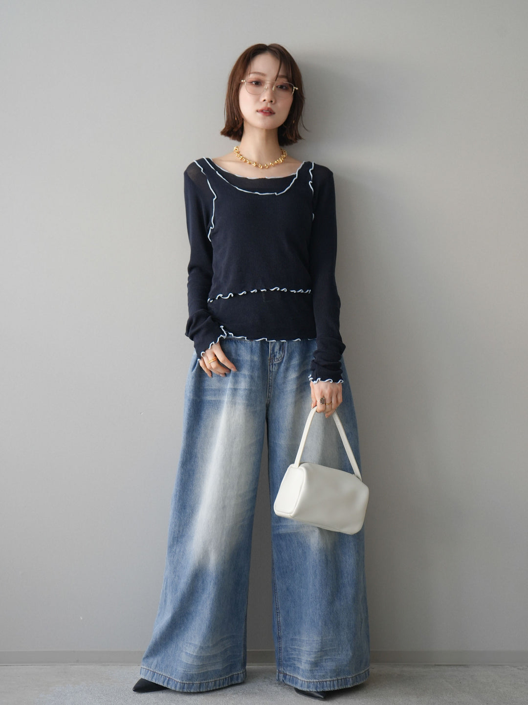 [SET]バイカラーメローアンサンブルシアーニットトップス+フロントポケットサイドタックワイドデニム(2set)