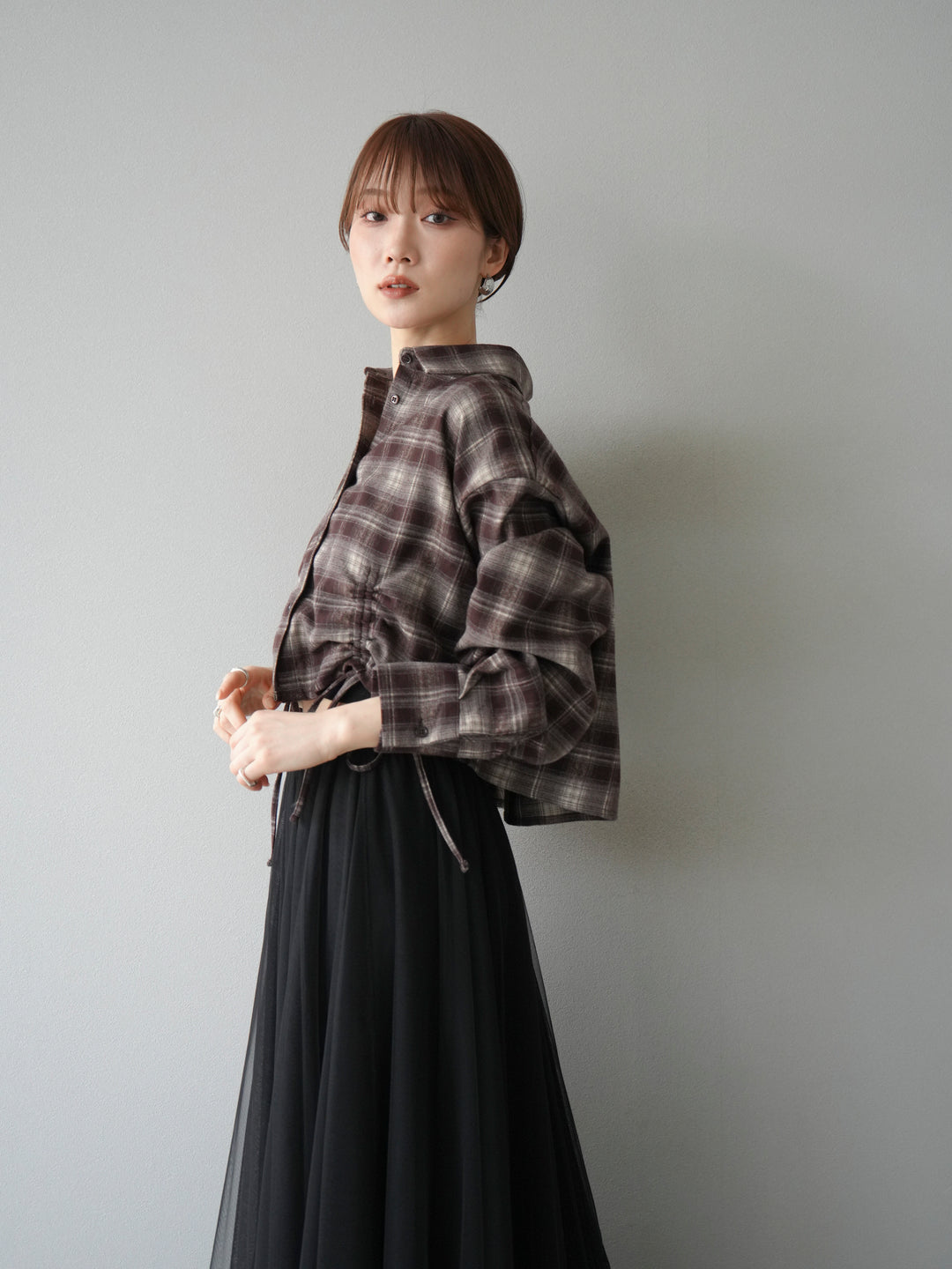 [予約]ドロストクロップネルチェックドシャツ/ブラウン